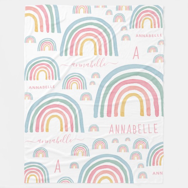 Girly watercolor pink rainbow personalised fleece blanket (Front)