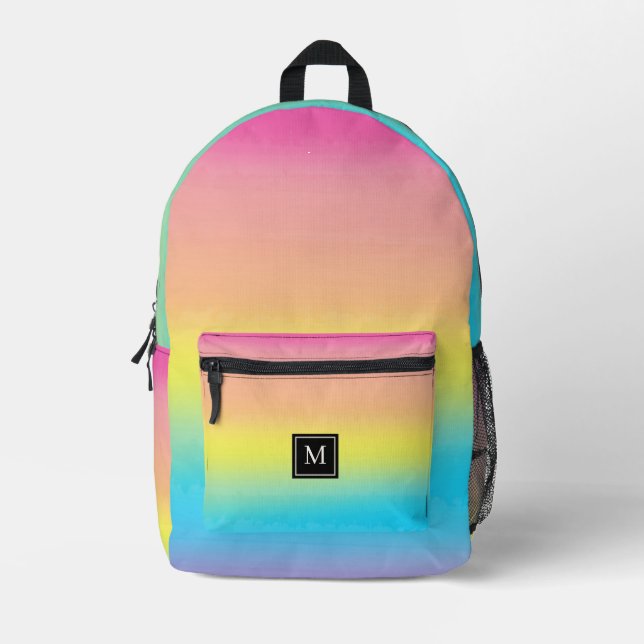 Girly Watercolor Rainbow Monogram School Printed Backpack (Front)