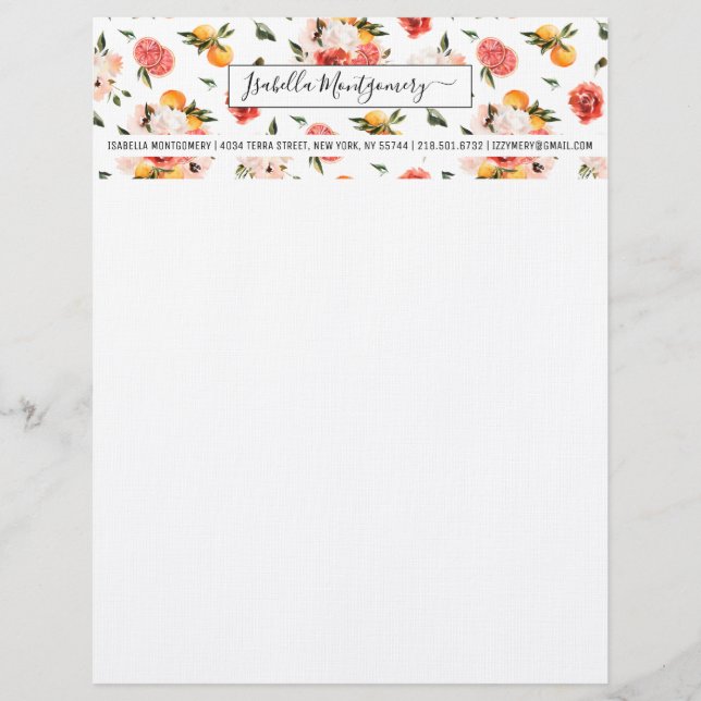 Girly Watercolor Tangerine Citrus Boho | Monogram Custom Letterhead (Front)