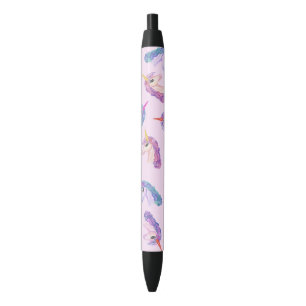Girly Watercolor Unicorns Pattern in Pink Purple Black Ink Pen