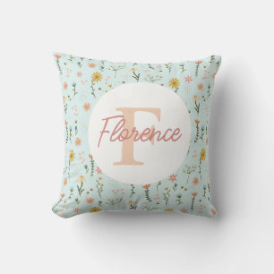 Girly Whimsical Boho Wildflower Monogram Cushion