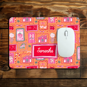 Girly Whimsical Orange Coquette Aesthetic Pattern Mouse Pad