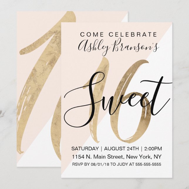 Girly White Blush Pink Geo Faux Gold Foil Sweet 16 Invitation (Front/Back)