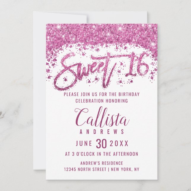 Girly White Bright Pink Glitter Dust Sweet 16 Invitation (Front)