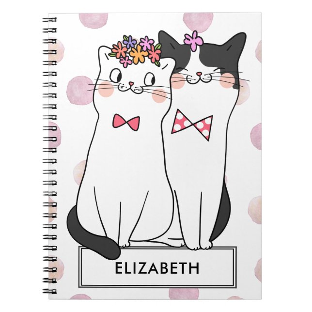 Girly White Cat with Watercolor Polka Dots Pattern Notebook (Front)
