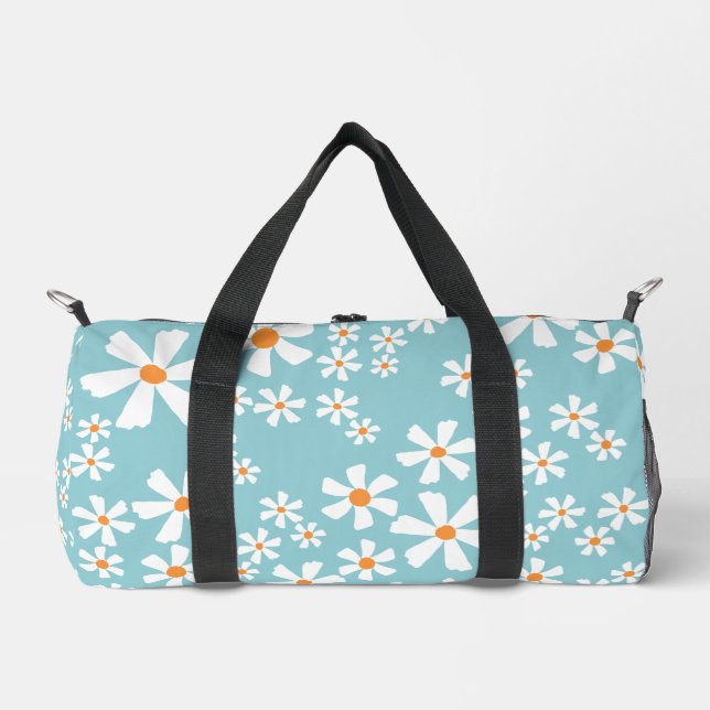 Girly White Daisies on Light Turquoise Background  Duffle Bag (Front)