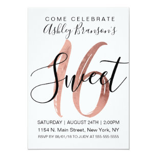 Girly White Faux Rose Gold Foil Modern Sweet 16 Invitation