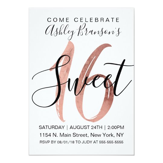 Girly White Faux Rose Gold Foil Modern Sweet 16 Invitation