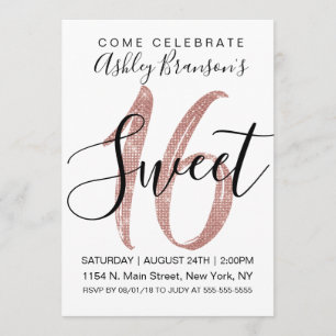 Girly White Faux Rose Gold Sequin Glitter Sweet 16 Invitation
