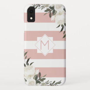 Girly White Floral Pink Striped Framed Monogram iPhone XR Case