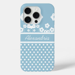 Girly White Flowers and Polka Dots on Light Blue iPhone 15 Pro Case