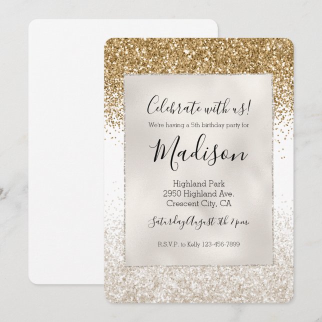 Girly White Gold Glitzy Glitter Invitation (Front/Back)