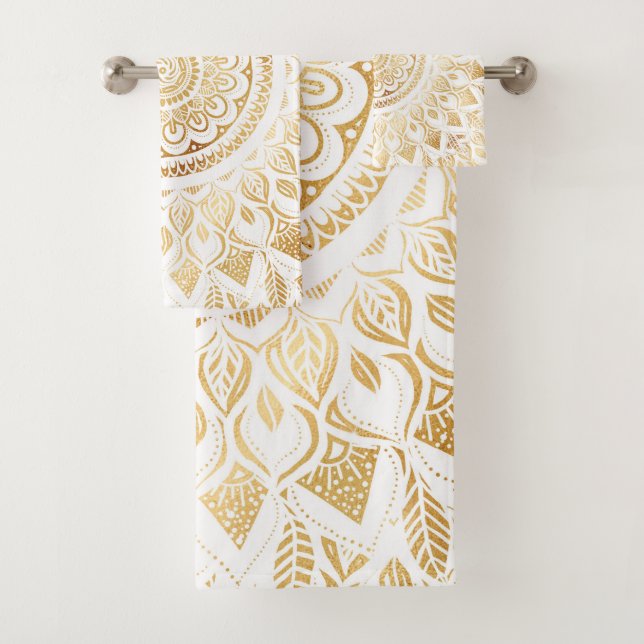 Girly White Gold Mandala Floral Bath Towel Set (Insitu)