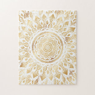 Girly White Gold Mandala Floral Jigsaw Puzzle