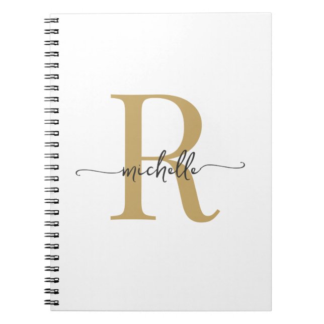 Girly White Gold Modern Script Monogram Name Notebook (Front)