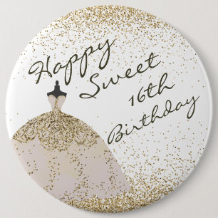 Girly White Golden Ball Gown Sweet 16th Birthday 6 Cm Round Badge