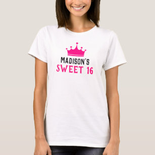 Girly White Hot Pink Sweet 16 Princess Crown Name T-Shirt