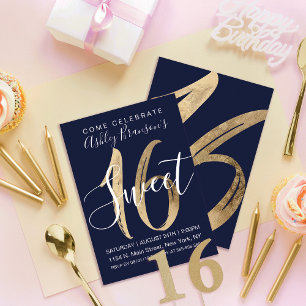 Girly White Navy Blue Gold Foil Sweet 16 Invitation