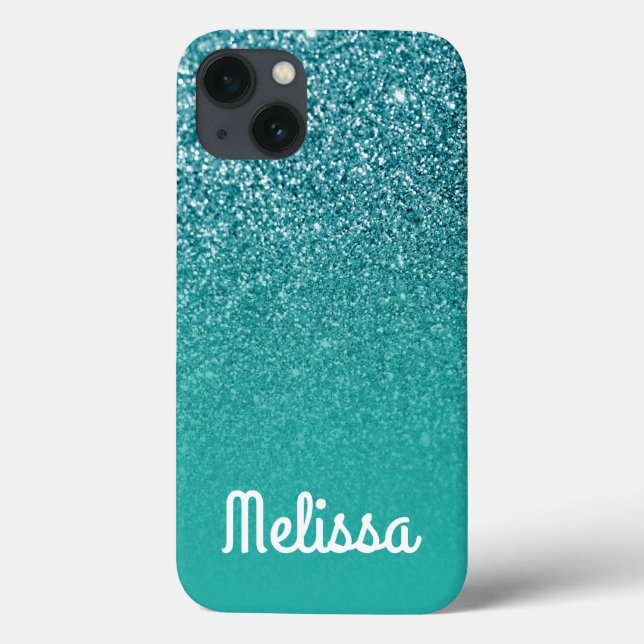 Girly White Personalised Turquoise Ombre Glitter Case-Mate iPhone Case (Back)