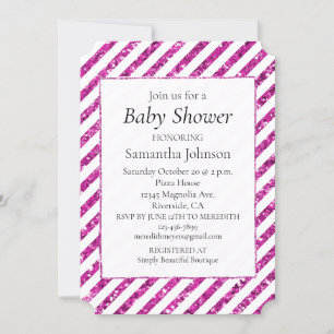Girly White Pink Glitzy Glitter Stripes Invitation