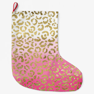 Girly White Pink Gold Glam Leopard Large Christmas Stocking