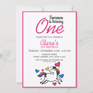 Girly White & Pink Unicorn 1st Birthday Invitation