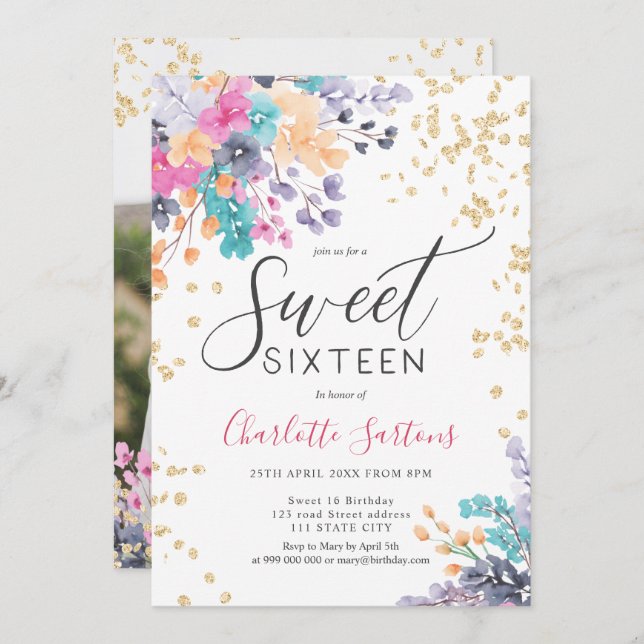 Girly wild flowers floral gold script sweet 16 invitation (Front/Back)