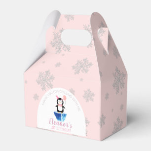 Girly Winter Pink Silver Cute Penguin Birthday Favour Box