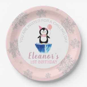Girly Winter Pink Silver Cute Penguin Birthday Paper Plate