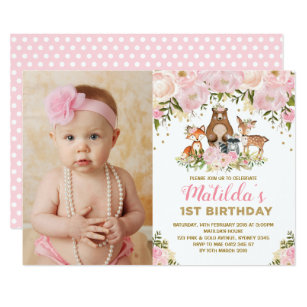 Girly Woodland Animals 1st Birthday Pink Floral Invitation