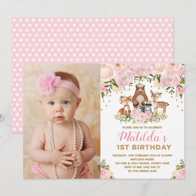 Girly Woodland Animals 1st Birthday Pink Floral Invitation (Front/Back)