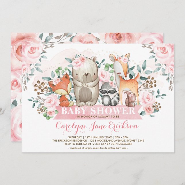 Girly Woodland Animals Chic Pink Roses Baby Shower Invitation (Front/Back)