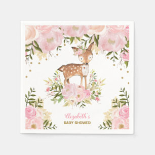 Girly Woodland Deer Pink Gold Peonies Forest Napkin
