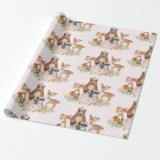 Girly Woodland Forest Animals Baby Shower Birthday Wrapping Paper (Unrolled)