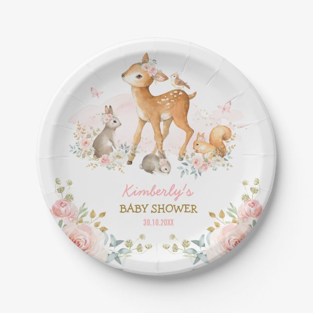 Girly Woodland Forest Animals Deer Bunny Squirrel Paper Plate (Front)