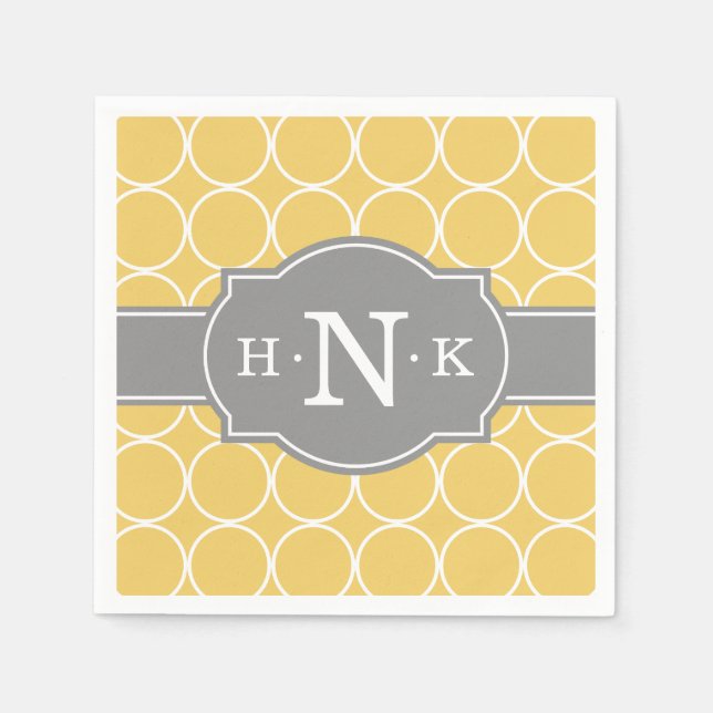 Girly Yellow Circle Pattern Grey Monogram Napkin (Front)