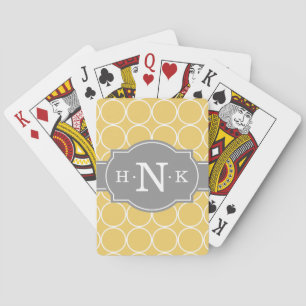 Girly Yellow Circle Pattern Grey Monogram Playing Cards