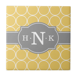Girly Yellow Circle Pattern Grey Monogram Tile