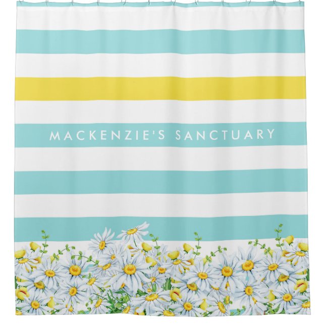 Girly Yellow Daisies and Aqua Stripes With Name Shower Curtain (Front)