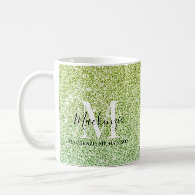 Girly Yellow Green Ombre Glitter Monogram Name  Coffee Mug (Left)