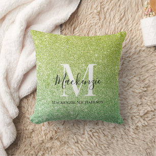 Girly Yellow Green Ombre Glitter Monogram Name  Cushion