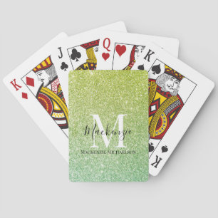 Girly Yellow Green Ombre Glitter Monogram Name  Playing Cards