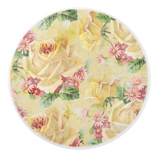 Girly Yellow Roses and Pink Daisies Ceramic Knob (Front)