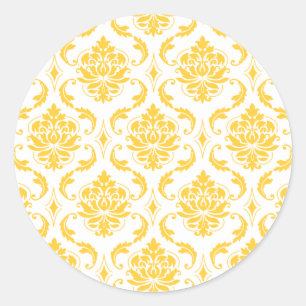Girly Yellow White Vintage Damask Pattern Classic Round Sticker