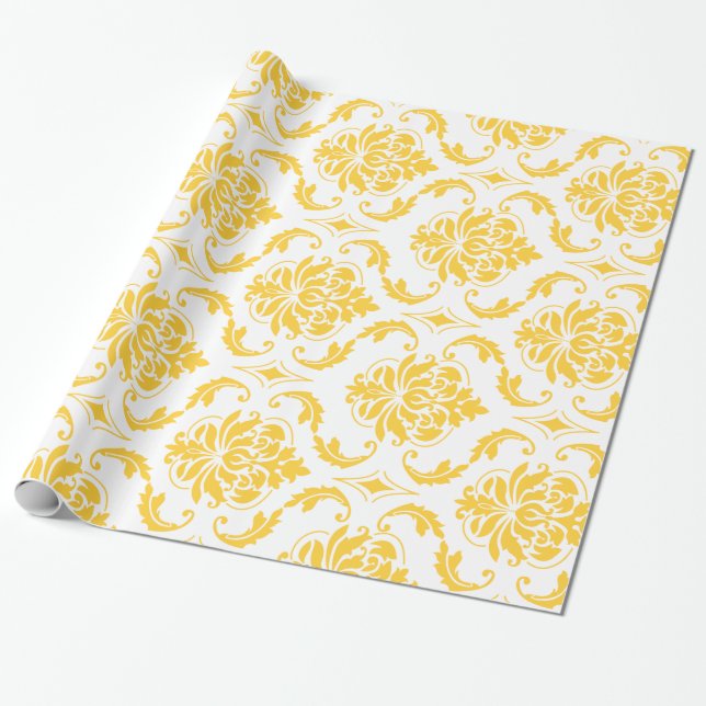Girly Yellow White Vintage Damask Pattern Wrapping Paper (Unrolled)