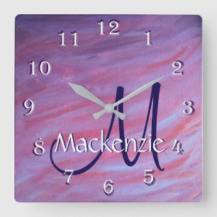 Girly Zebra Abstract   Cute Pink Purple Monogram Square Wall Clock