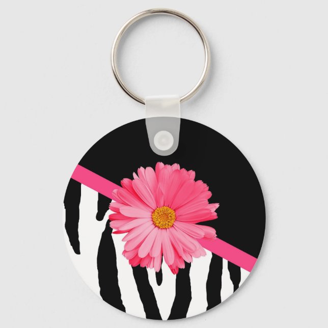 Girly Zebra Pattern Cute Pink Daisy With Name Key Ring (Front)