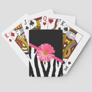 Girly Zebra Pattern Cute Pink Daisy With Name Playing Cards