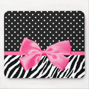 Girly Zebra Print Polka Dots and Cute Pink Ribbon Mouse Pad