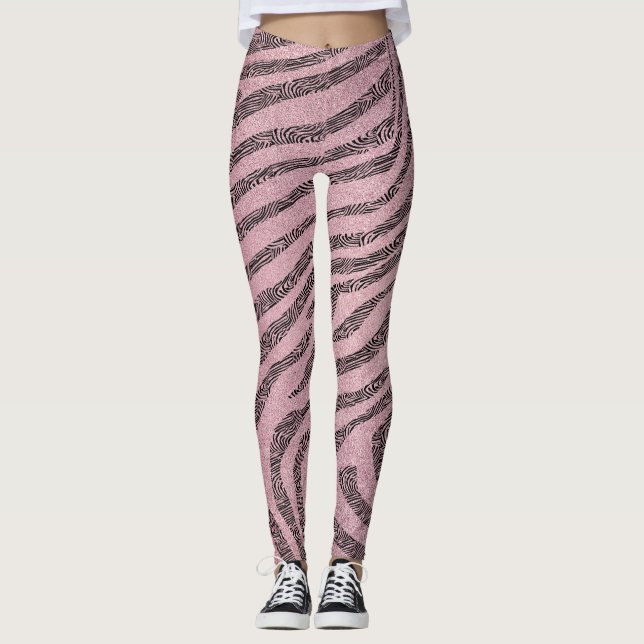Girly Zebra Stripes on Pink Glitter Texture Leggings (Front)